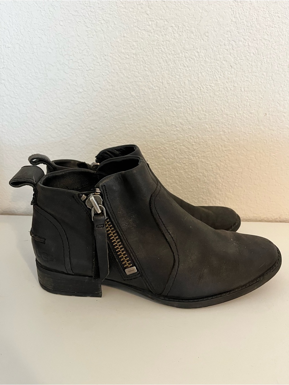 UGG Black Leather Ankle Booties with Side Zip
